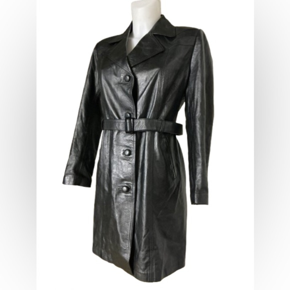 Bijou Vintage 100% Genuine Leather Long Black European Trench Coat Large